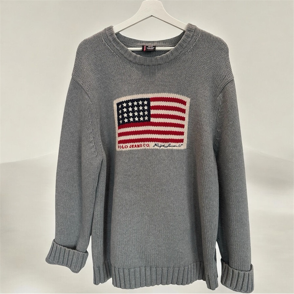 Polo Jeans Co. Ralph Lauren Gray Flag Knit Sweater Unisex XL 100% Cotton